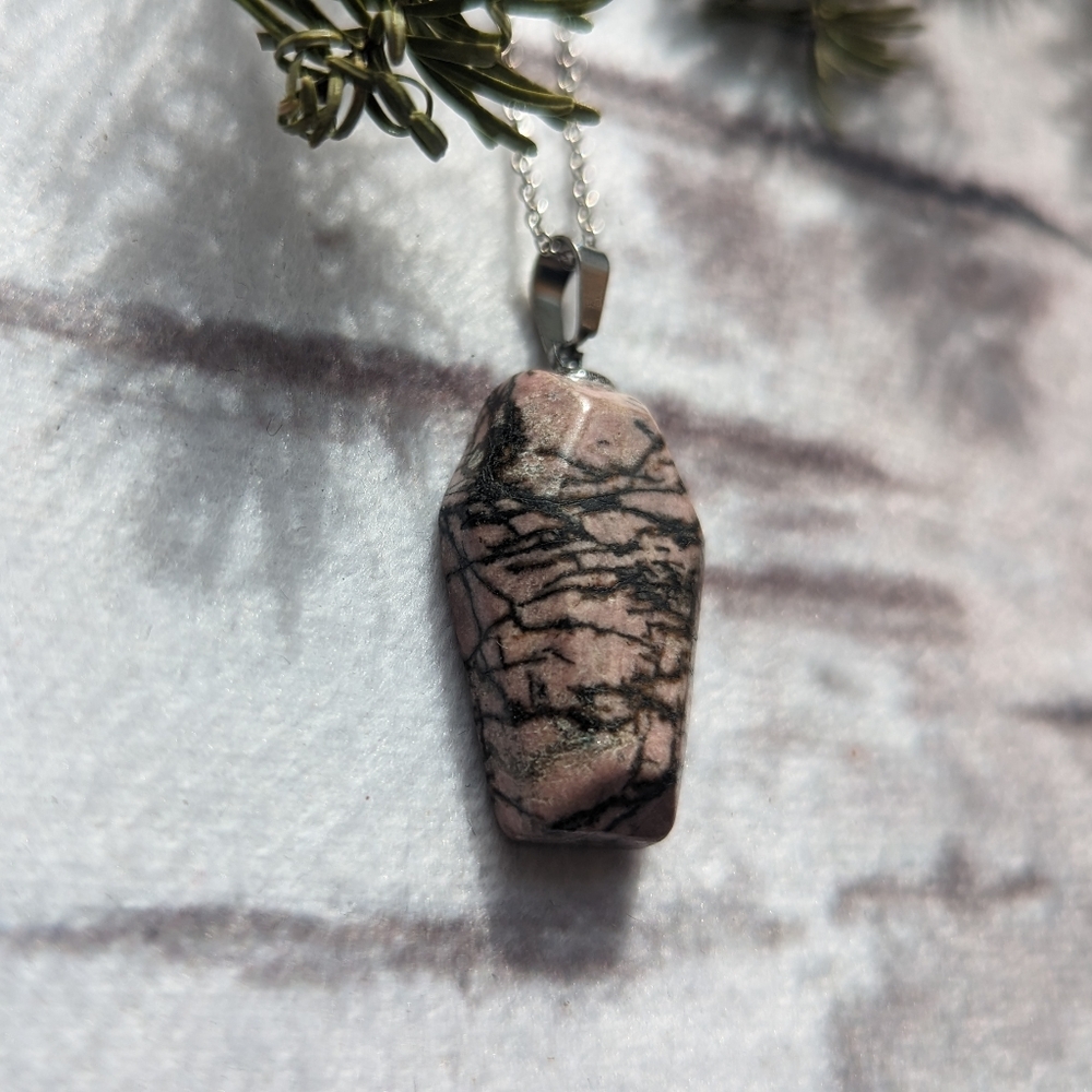 Rhodonite Coffin Stone Necklace with Stainless steel chain